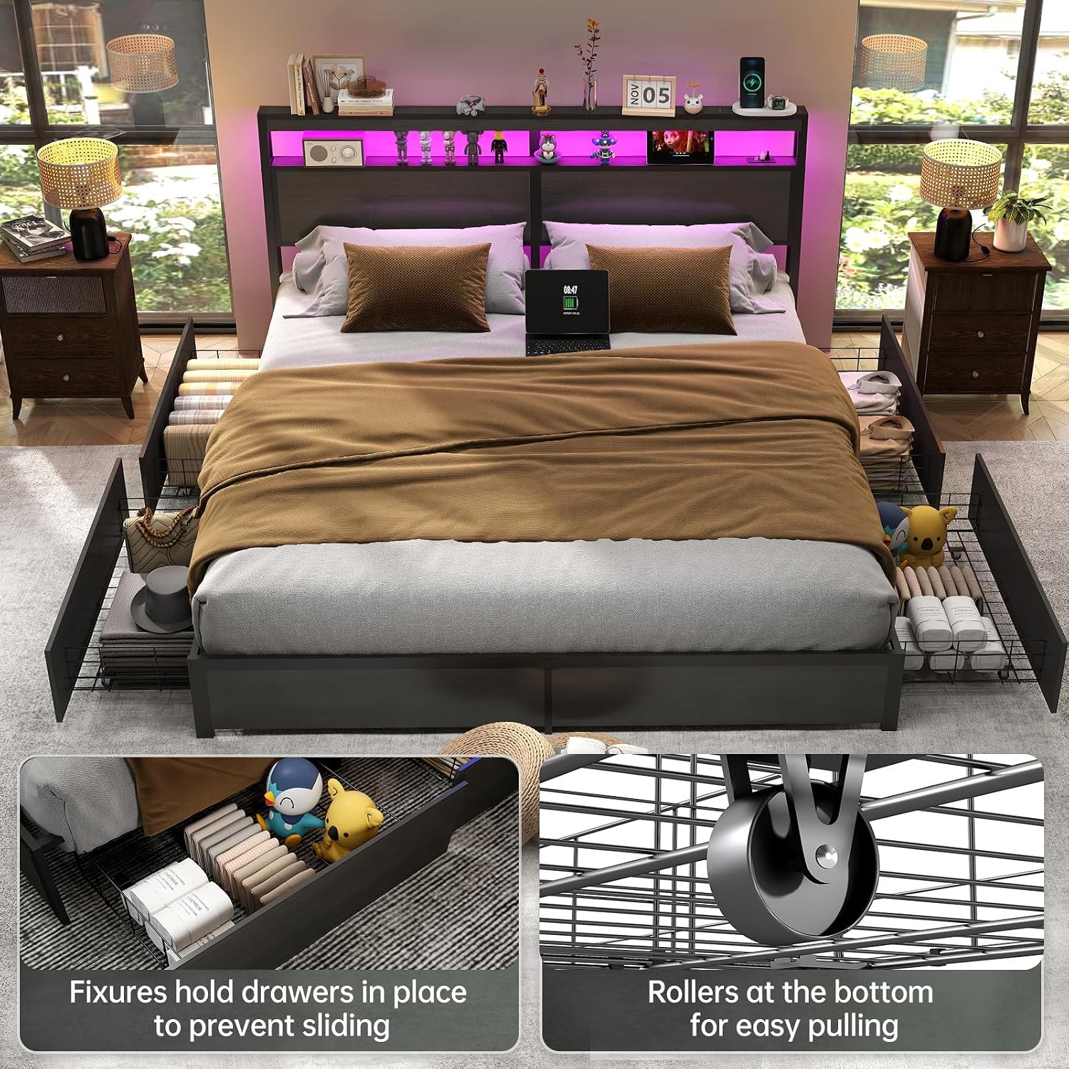 King Size Bed Frame With Storage Drawers - King Size Bed Frame with LED