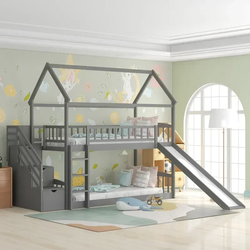 Solid wood children's double b - Bunk Bed With Stairs And Slide recension och pris