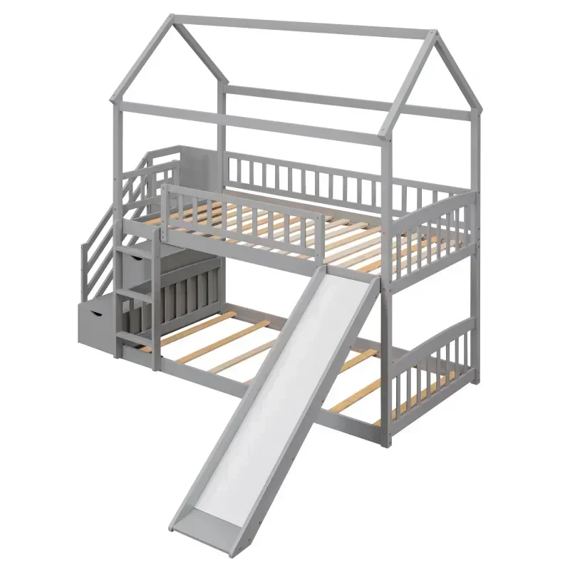 Solid wood children's double b - Bunk Bed With Stairs And Slide recension och pris