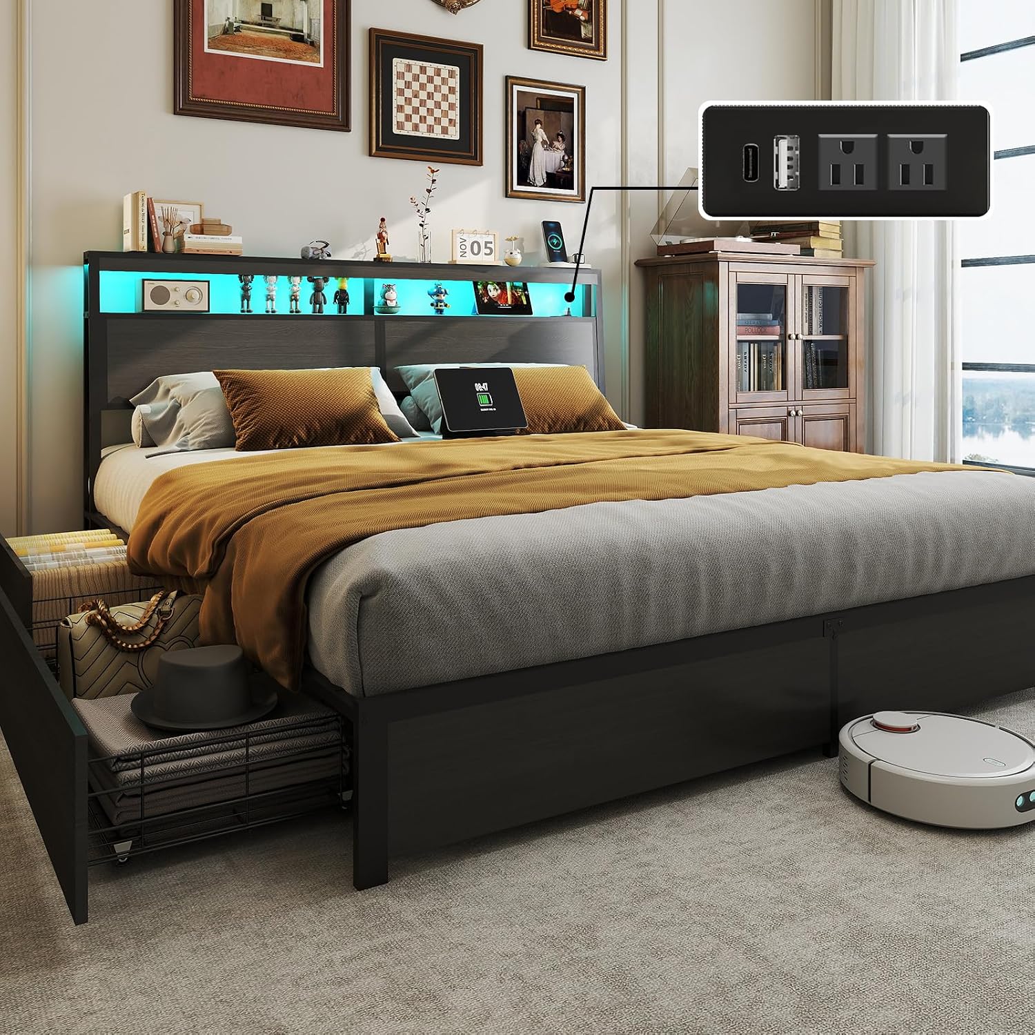King Size Bed Frame with LED L - King Size Bed Frame With Storage Drawers recension och pris